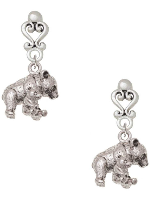 Silver Plated Panda with Cub - Filigree Heart Post Earrings