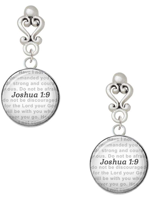 Silver Plated Domed Joshua 1:9 - Filigree Heart Post Earrings