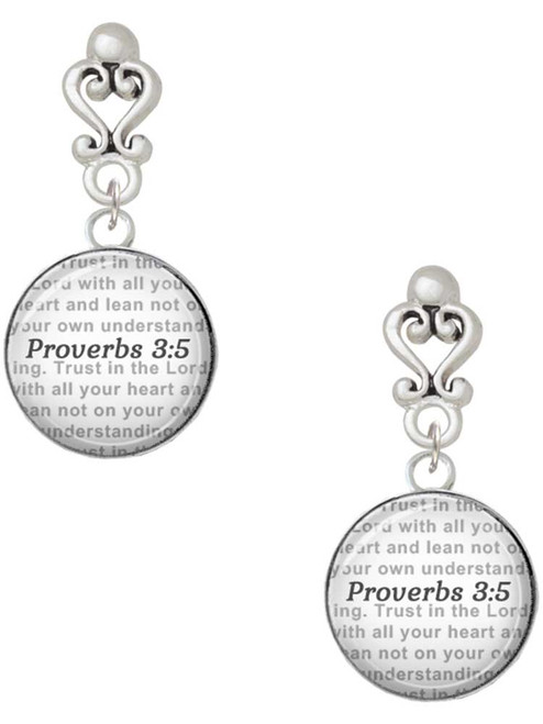 Silver Plated Domed Proverbs 3:5 - Filigree Heart Post Earrings