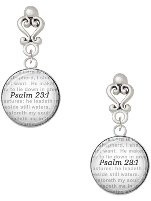 Silver Plated Domed Psalm 23:1 - Filigree Heart Post Earrings