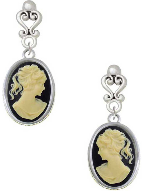 Silver Plated Small Black Oval Cameo - Filigree Heart Post Earrings