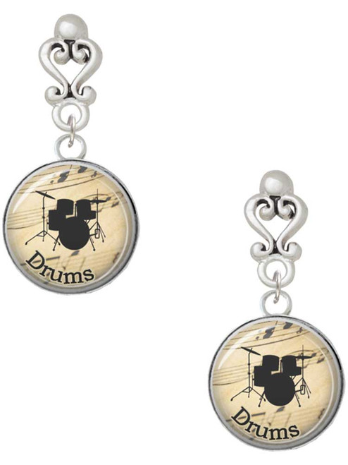 Silver Plated Domed Music - Drums - Filigree Heart Post Earrings