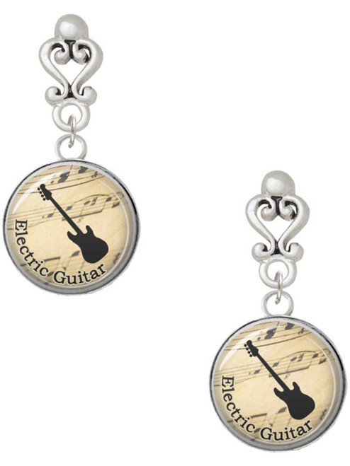 Silver Plated Domed Music - Electric Guitar - Filigree Heart Post Earrings