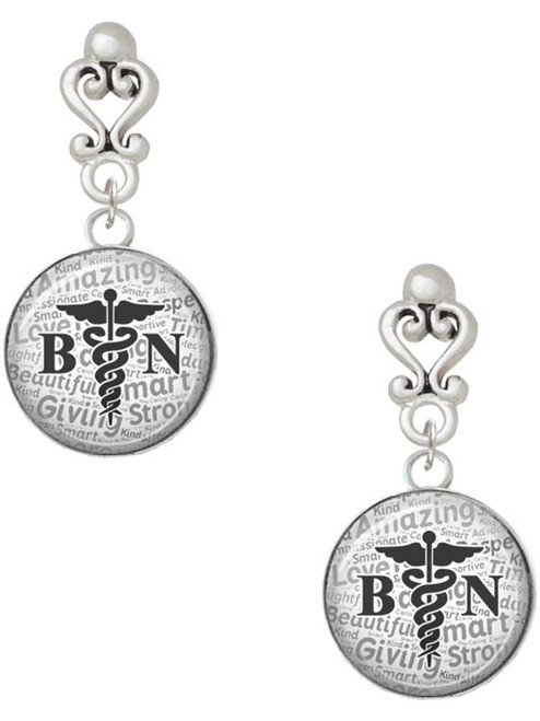 Silver Plated Domed Black BN - Filigree Heart Post Earrings