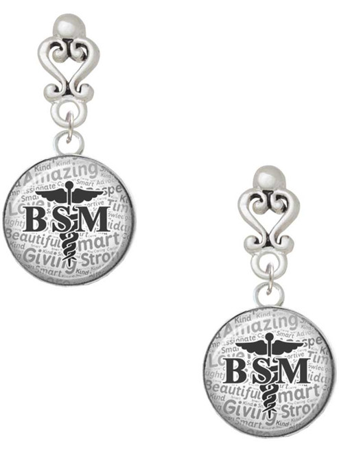 Silver Plated Domed Black BSM - Filigree Heart Post Earrings