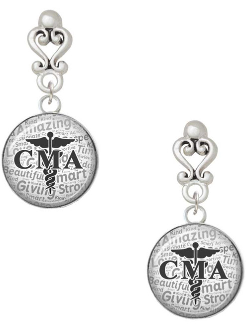 Silver Plated Domed Black CMA - Filigree Heart Post Earrings
