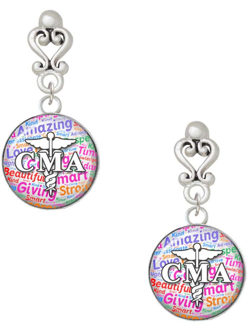 Silver Plated Domed Multi Color CMA - Filigree Heart Post Earrings