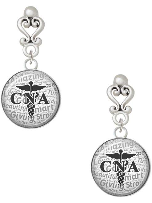 Silver Plated Domed Black CNA - Filigree Heart Post Earrings