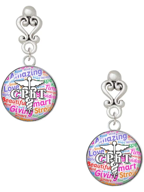 Silver Plated Domed Multi Color CPhT - Filigree Heart Post Earrings