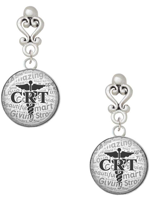 Silver Plated Domed Black CRT - Filigree Heart Post Earrings