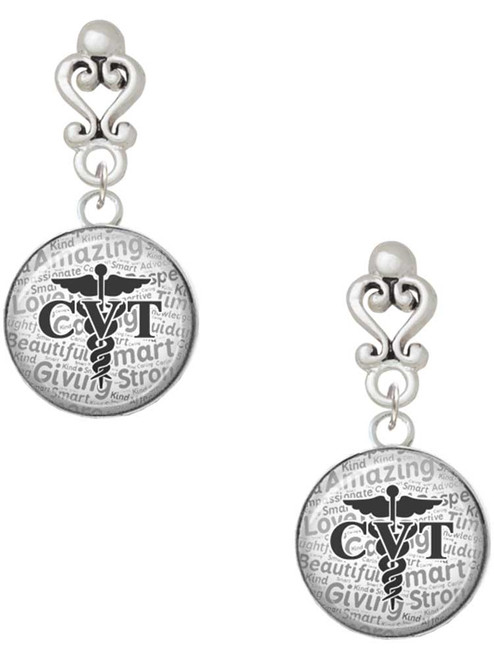 Silver Plated Domed Black CVT - Filigree Heart Post Earrings