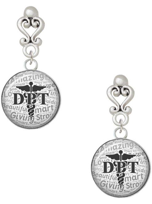 Silver Plated Domed Black DPT - Filigree Heart Post Earrings