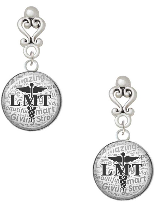 Silver Plated Domed Black LMT - Filigree Heart Post Earrings