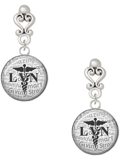 Silver Plated Domed Black LVN - Filigree Heart Post Earrings