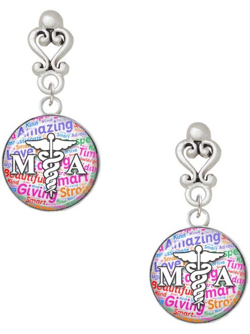 Silver Plated Domed Multi Color MA - Filigree Heart Post Earrings
