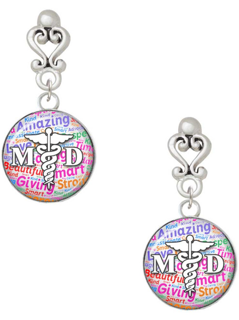Silver Plated Domed Multi Color MD - Filigree Heart Post Earrings