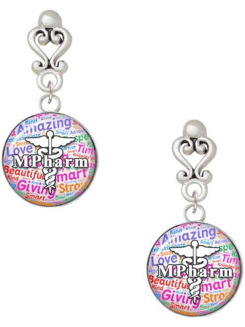 Silver Plated Domed Multi Color MPharm - Filigree Heart Post Earrings