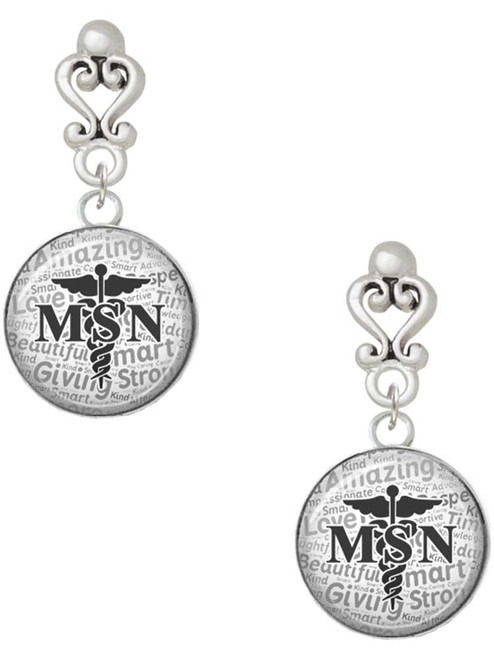 Silver Plated Domed Black MSN - Filigree Heart Post Earrings