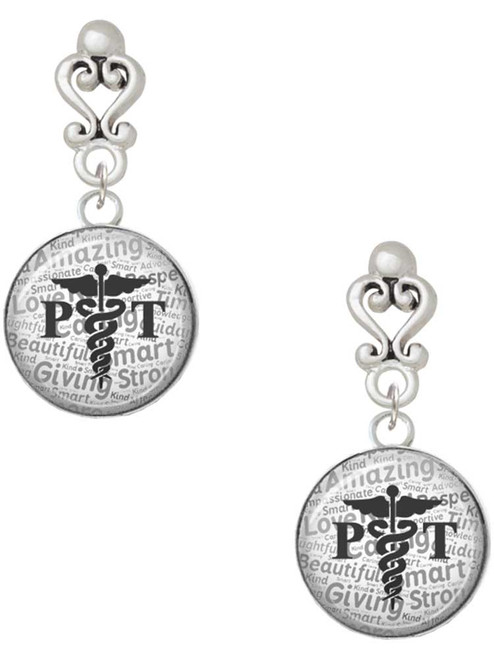 Silver Plated Domed Black PT - Filigree Heart Post Earrings