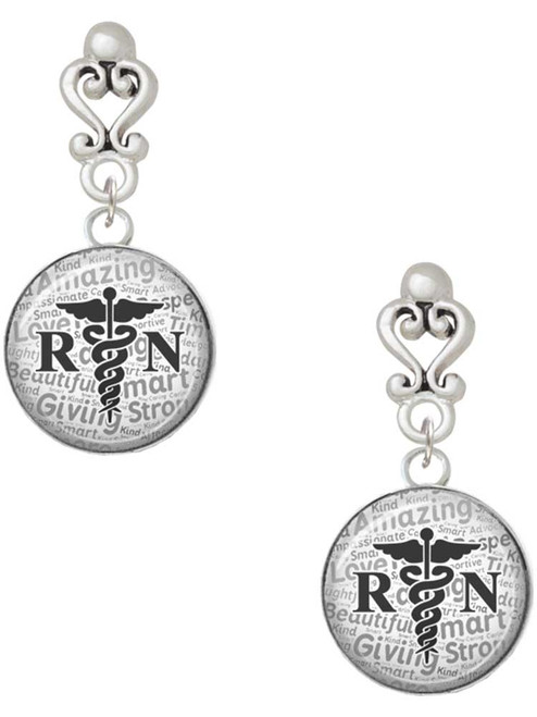 Silver Plated Domed Black RN - Filigree Heart Post Earrings