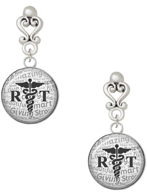 Silver Plated Domed Black RT - Filigree Heart Post Earrings