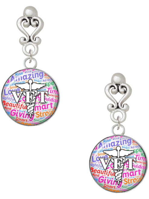 Silver Plated Domed Multi Color VET - Filigree Heart Post Earrings