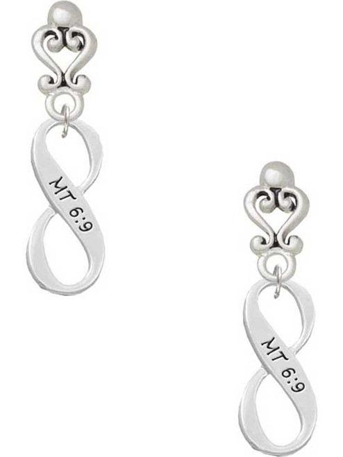 Silver Plated Matthew 6:9 Infinity Sign - Filigree Heart Post Earrings