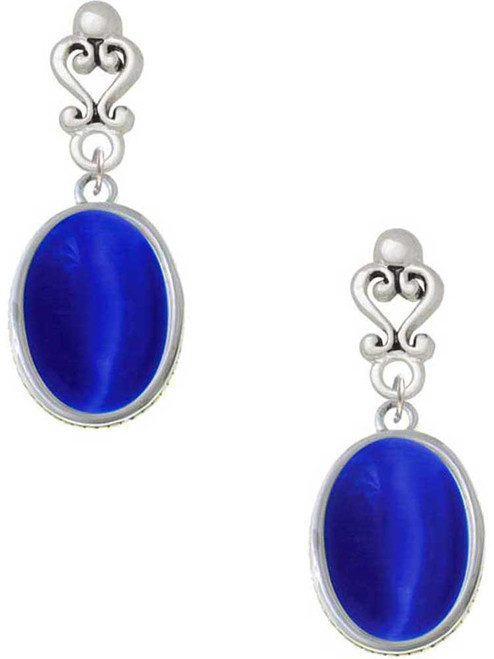 Silver Plated Small Blue Imitation Cat's Eye - Filigree Heart Post Earrings
