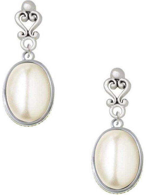 Silver Plated Small Cream Imitation Pearl - Filigree Heart Post Earrings