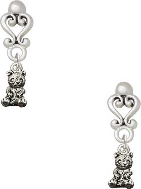 Silver Plated Panda Bear Cub Sitting - Filigree Heart Post Earrings