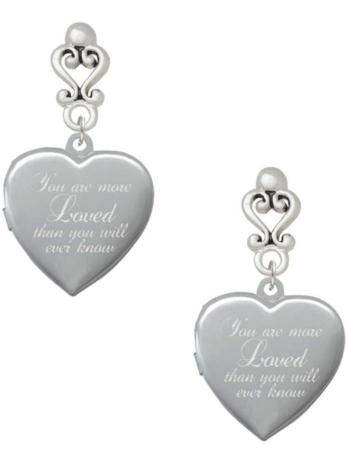 Silver Plated You Are More Loved Engraved Locket - Filigree Heart Post Earrings