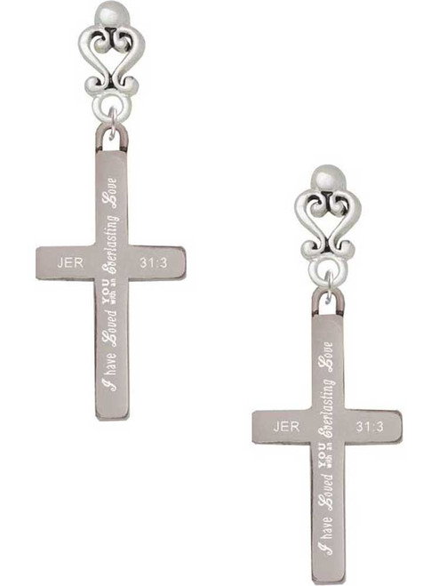 Stainless Steel Jeremiah 31:3 - Everlasting Love Engraved Cross - Filigree Heart Post Earrings