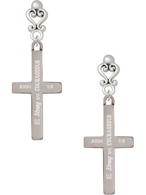 Stainless Steel Joshua 1:9 - Be Strong and Courageous Engraved Cross - Filigree Heart Post Earrings