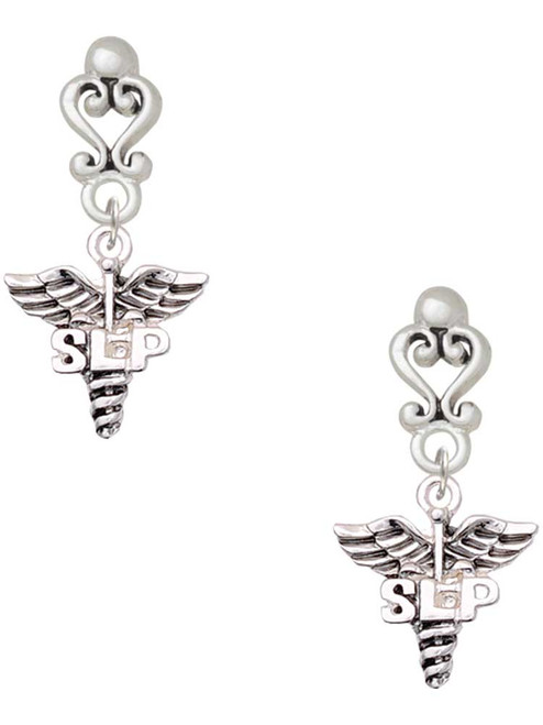 Silver Plated SLP Caduceus - Filigree Heart Post Earrings