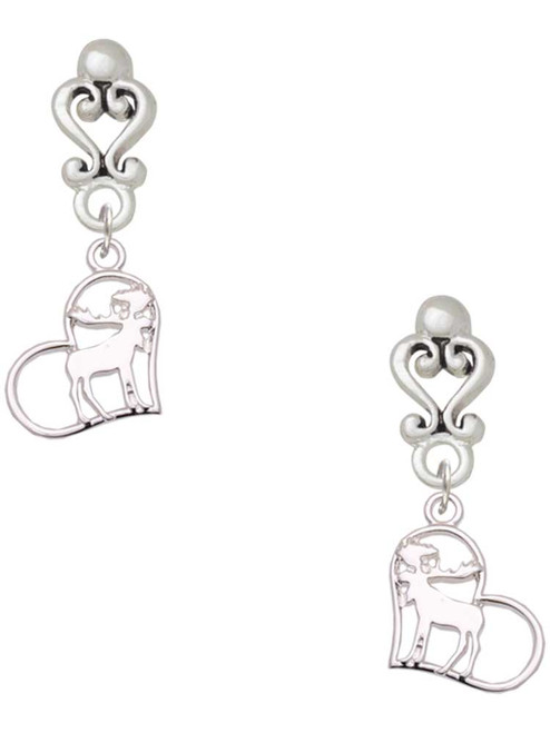 Silver Plated Moose in Heart - Filigree Heart Post Earrings