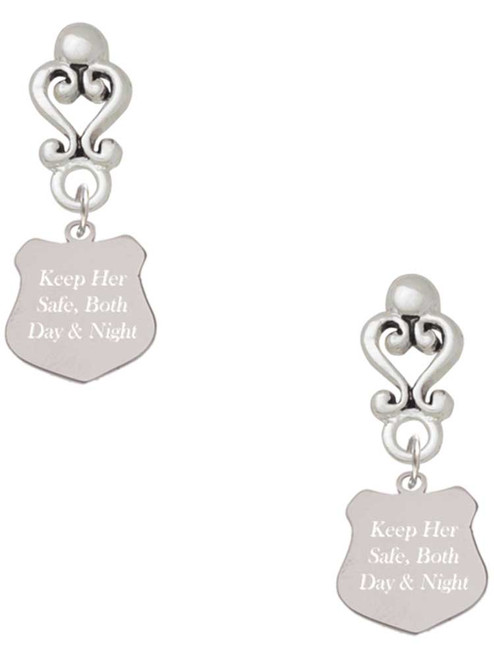 Stainless Steel Keep Her Safe Police Badge - Filigree Heart Post Earrings
