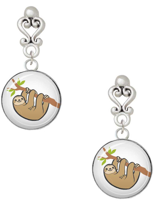 Silver Plated Domed Sloth - Filigree Heart Post Earrings