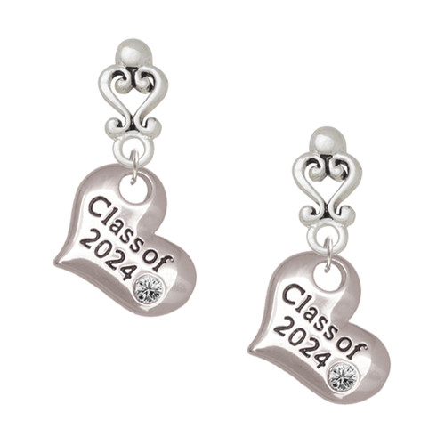 Silver Plated Class of 2024 Heart - Filigree Heart Post Earrings