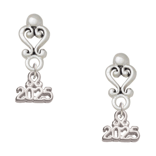 Silver Plated Mini Year 2025 - Filigree Heart Post Earrings