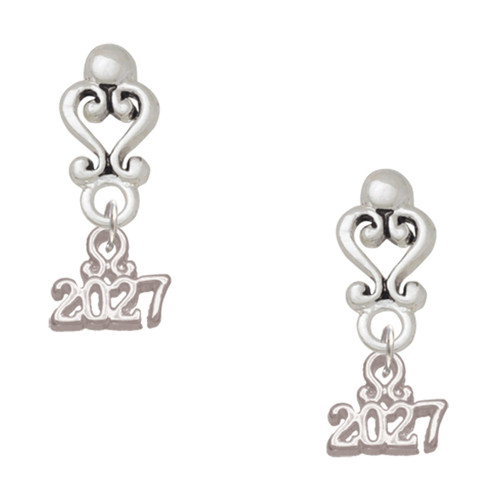 Silver Plated Mini Year 2027 - Filigree Heart Post Earrings