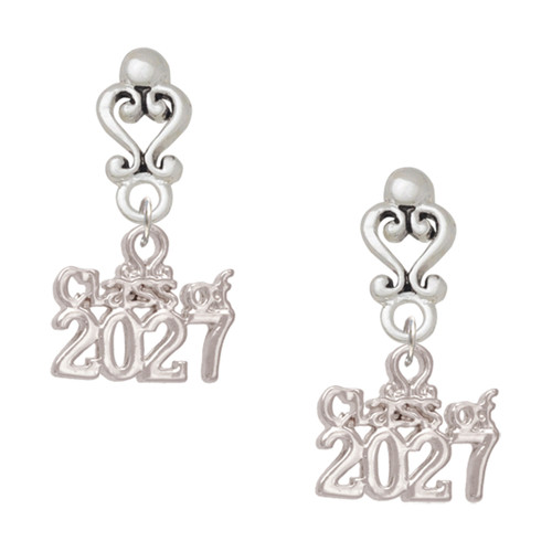 Silver Plated Class of 2027 - Filigree Heart Post Earrings