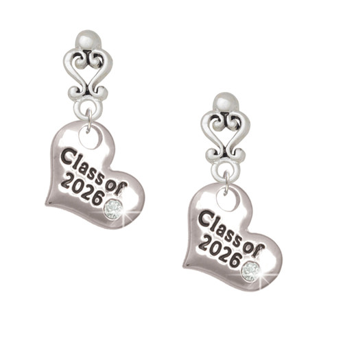 Silver Plated Class of 2026 Heart - Filigree Heart Post Earrings
