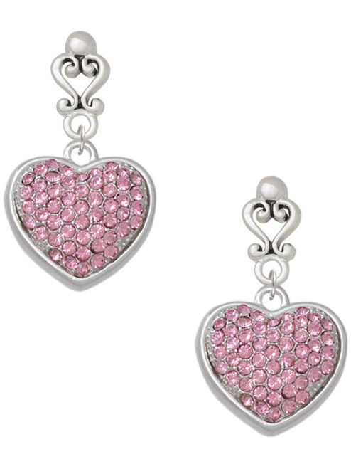 Silver Plated Large Rounded Light Pink Oktant Crystal Heart - Filigree Heart Post Earrings