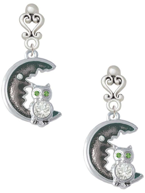 Silver Plated Large Crystal Owl Sitting on Black Moon - Filigree Heart Post Earrings