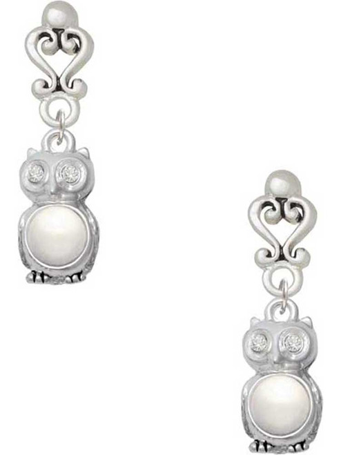 Silver Plated 3-D Imitation Pearl & Clear Crystal Owl - Filigree Heart Post Earrings