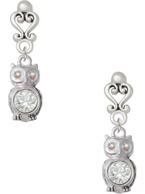 Silver Plated 3-D Clear AB Crystal Owl - Filigree Heart Post Earrings