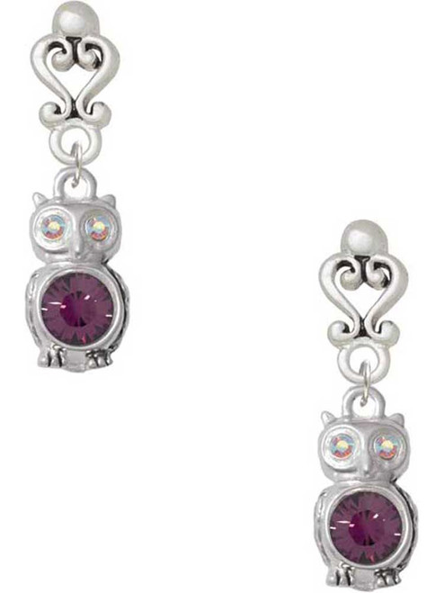 Silver Plated 3-D Purple & AB Crystal Owl - Filigree Heart Post Earrings