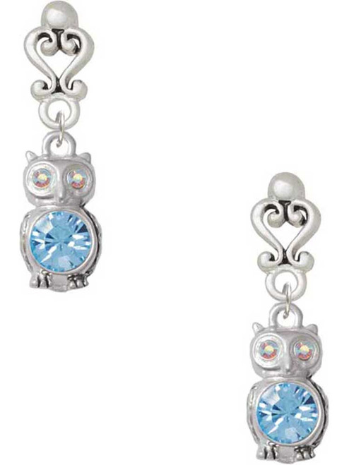 Silver Plated 3-D Light Blue & AB Crystal Owl - Filigree Heart Post Earrings