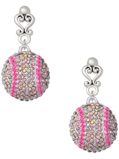 Silver Plated Large Super Sparkle Crystal Pink AB Softball - Filigree Heart Post Earrings