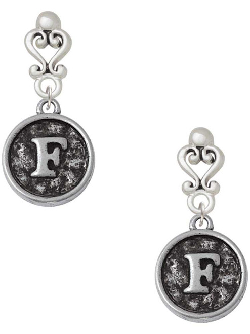 Silver Plated Antiqued Round Seal - Initial - F - Filigree Heart Post Earrings